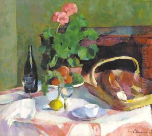 Un geranium en pot avec des fruits, du pain et une bouteille de vin sur la table by Henri Ottmann