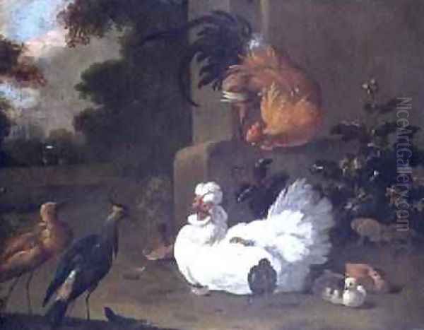 A Ruft a Lapwing and chickens by a mounting block - view 1