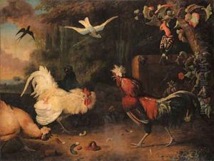 Two cocks fighting, with hens, a swallow and two exotic birds in a wooded landscape