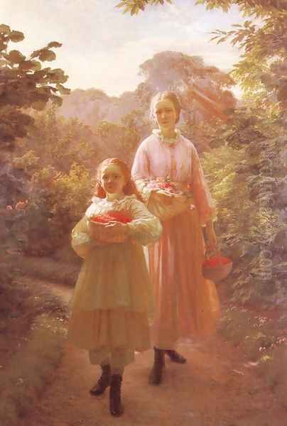 Sisters Gathering Raspberries And Roses, Summer - view 1