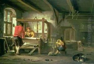 A Weavers Workshop by Johannes Dircksz van Oudenrogge