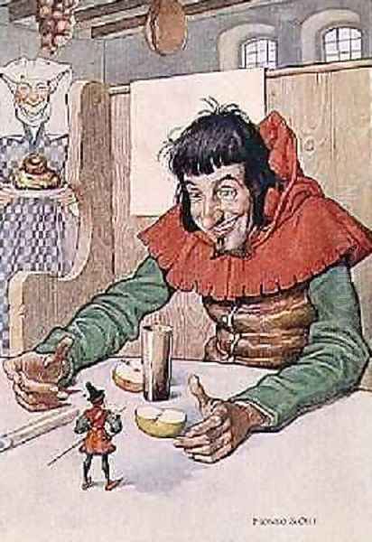 They Gave Him Plenty of Food But He Never Grew Bigger, illustration to Tom Thumb, from The Worlds Fairy Tale Book, pub. by G. Harrap & Co. Ltd, London - view 1