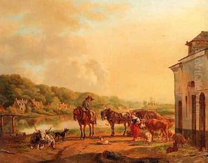 A Sunlit River Landscape With Peasants Conversing By A Barn