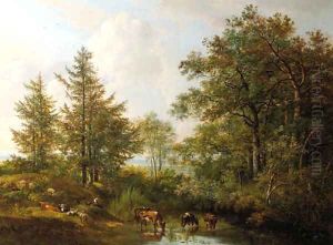 A shepherdess and cattle resting by a wooded pond