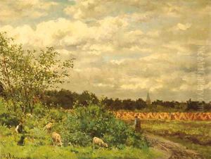 A shepherd and sheep on a country lane by a cornfield by Willem Johannes Oppenoorth
