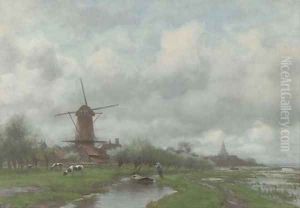 A polder landscape, a village in the distance by Willem Johannes Oppenoorth