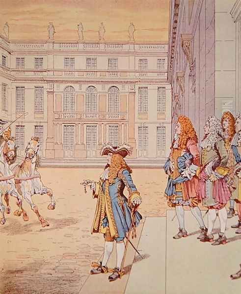 Louis XIV in the courtyard of Versailles uttering his celebrated phrase Jai Failli Attendre - view 1