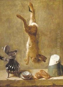 A dead hare hanging from a nail with coffee pot by Jacques Charles Oudry