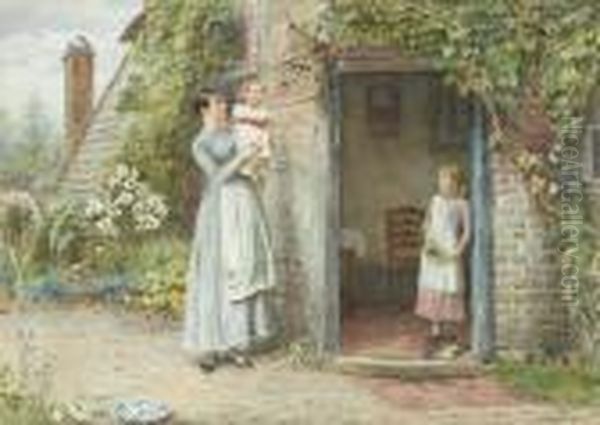 Mother And Children Outside A Cottagedoor - view 1