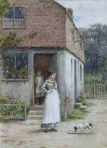 Woman And Dog Before A Cottage