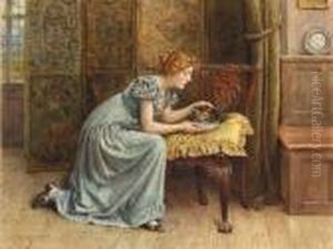 Tending The Invalid: A Young Girl Feeding A Cat