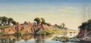 Cattle Watering On The River Bank By A Village