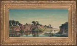 Cattle Watering On The River Bank By A Village