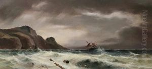 A Stormy Coastal Scene With A Two Master In Trouble, Signed