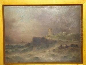 A Jersey Coastal Scene, Figures On Rocks To The Fore, Defensive Tower Beyond, Signed