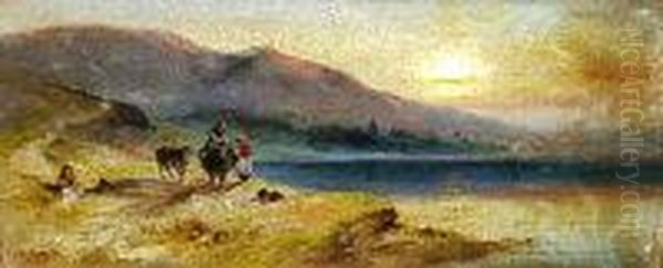 Sunset Coastal Scene With
Figures And Ponies And The Other Coastal Scene With Fisherman And
Cottage In Foreground Probably Irish Scenes Signed 12cm X 26cm &
11cm X 24cm - view 1