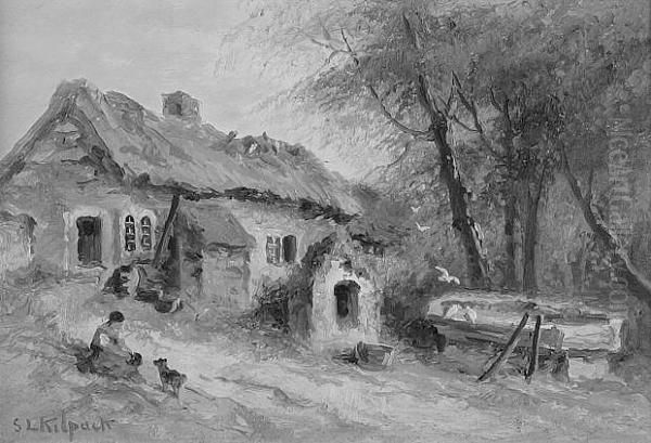 A Rural Scene, A Woman And Dog Before A Thatched Cottage - view 1