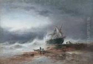 A Wreck Scene, A Two Master On The Rocks, Figures Nearby
