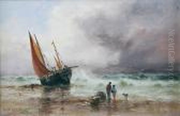 A Coastal Scene With Figures To The Fore, A Beached Fishing Smack Beyond - view 1