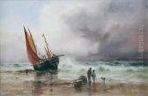 A Coastal Scene With Figures To The Fore, A Beached Fishing Smack Beyond by S.L. Kilpack