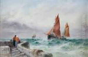 A Coastal Scene With Figures On A Stone Jetty To The Fore Watching A Fishing Boat Return by S.L. Kilpack