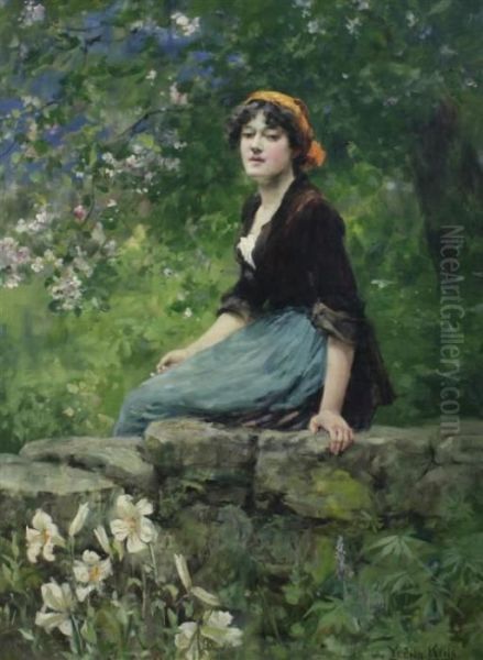 Young Woman Seated On A Wall - view 1