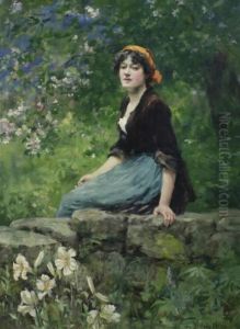 Young Woman Seated On A Wall by Henry John Yeend King