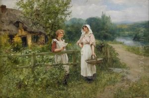 Landskapsidyll Med Samtalande Flickor by Henry John Yeend King