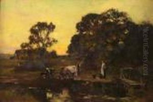 Lady And Cattle By Water's Edge With Cottage Beyond At Sunset