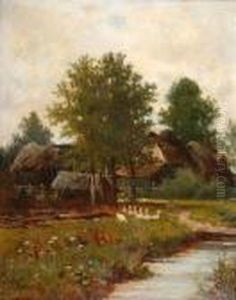 River Landscape With Geese Before Afarmyard