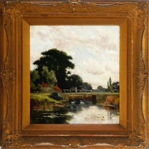A Summer Landcape Scenerywith A Young Woman On A Bridge Over A Pond With Swans by Henry John Yeend King