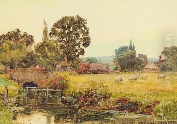 River Landscape With Sheep Grazing - view 1