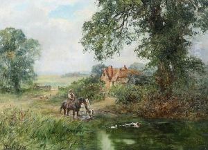 A Rural Scene With A Farmer
Watering Two Heavy Horses, Ducks Nearby, Chickens And A Farm Beyond,
Signed by Henry John Yeend King