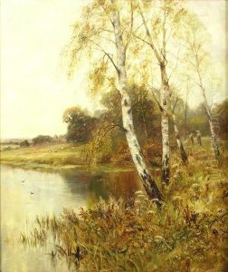 Silver Birch Trees By A River, Figures, Sheep And Silver Birch Trees By A River, Figures, Sheep And
