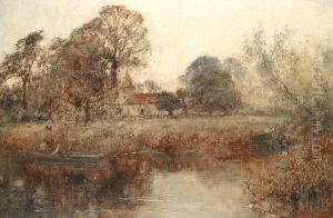 A River Landscape, A Country Church Beyond by Henry John Yeend King