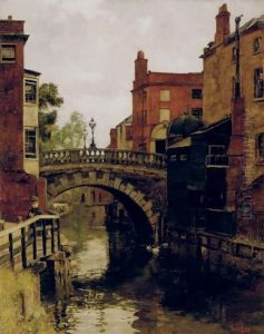 Young Boy Angling On The Bank Of A Canal In A Town by Henry John Yeend King