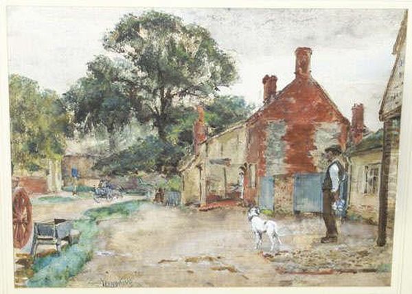 R.b.a., V.p.r.i., R.o.i. "house
Of Call", Gentleman With A Dog Beside A Cottage, Figures And A Horse
And Cart Nearby Signed, Also Inscribed With The Artist's Name On The
Mount Below - view 1