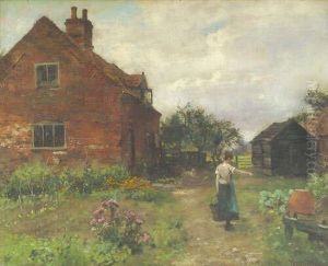 R.b.a., V.p.r.i., R.o.i.
Milkmaid In A Cottage Garden, A Dog Beside A Fence Nearby Signed, Also
Inscribed With The Artist's Name On The Original Frame by Henry John Yeend King