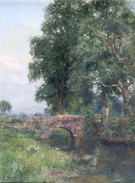 Tranquil River Landscape With A Figure On A Bridge - view 1