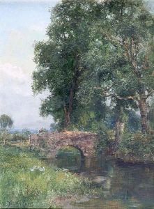 Tranquil River Landscape With A Figure On A Bridge by Henry John Yeend King