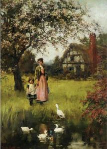 Mother And Child In A Landscape With Cottage And Duckpond