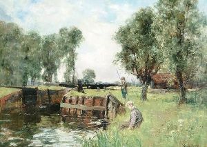 Boys Fishing By A Canal Boys Fishing By A Canal
