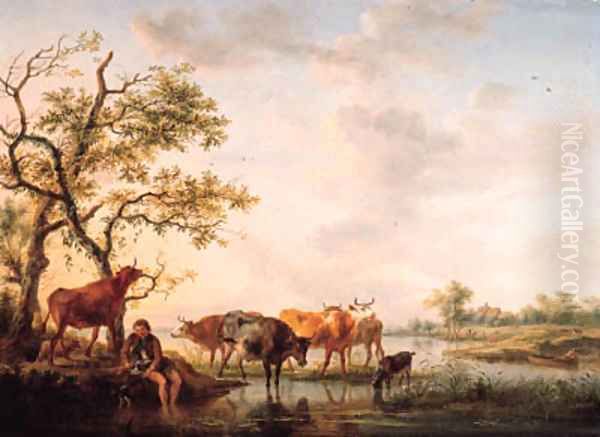 A cowherd watering cattle at sunset - view 1