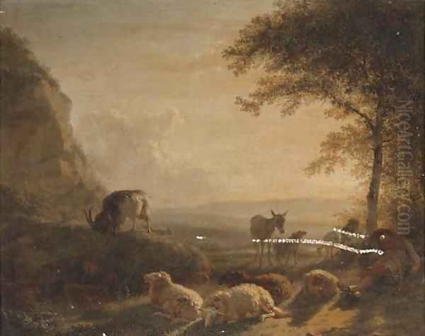 A landscape with a shepherd and his flock at sunset - view 1