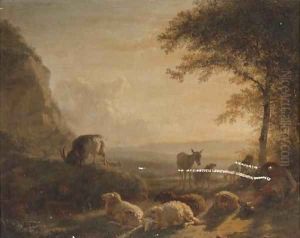A landscape with a shepherd and his flock at sunset by Balthasar Paul Ommeganck