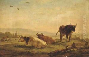 A landscape with cattle on a riverbank by Balthasar Paul Ommeganck