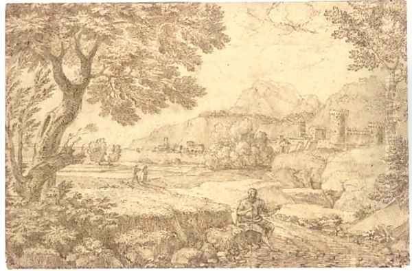 A coastal landscape with a traveller seated by a track leading to a castle - view 1