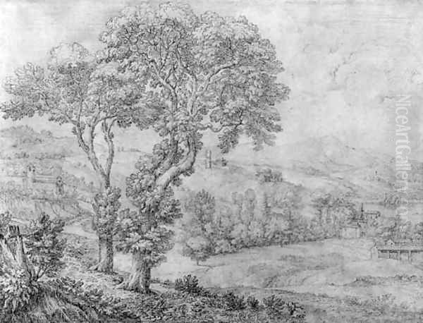 An extensive wooded landscape with a church and a lake in the distance - view 1