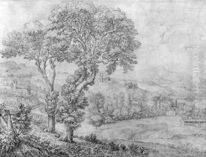 An extensive wooded landscape with a church and a lake in the distance by Crescenzio Onofri