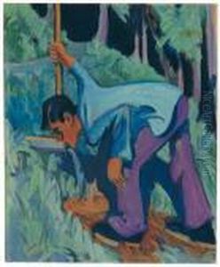 Junger Bauer Aus Einer Quelle Im Wald Trinkend by Ernst Ludwig Kirchner